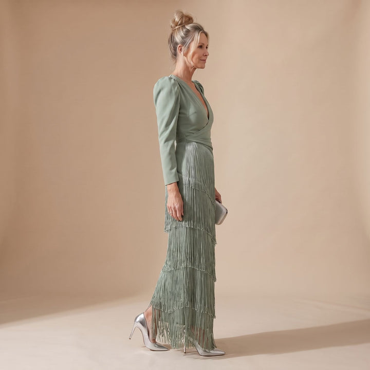 Women's Deep V-Neck Long Sleeve Tiered Fringe Midi Dress