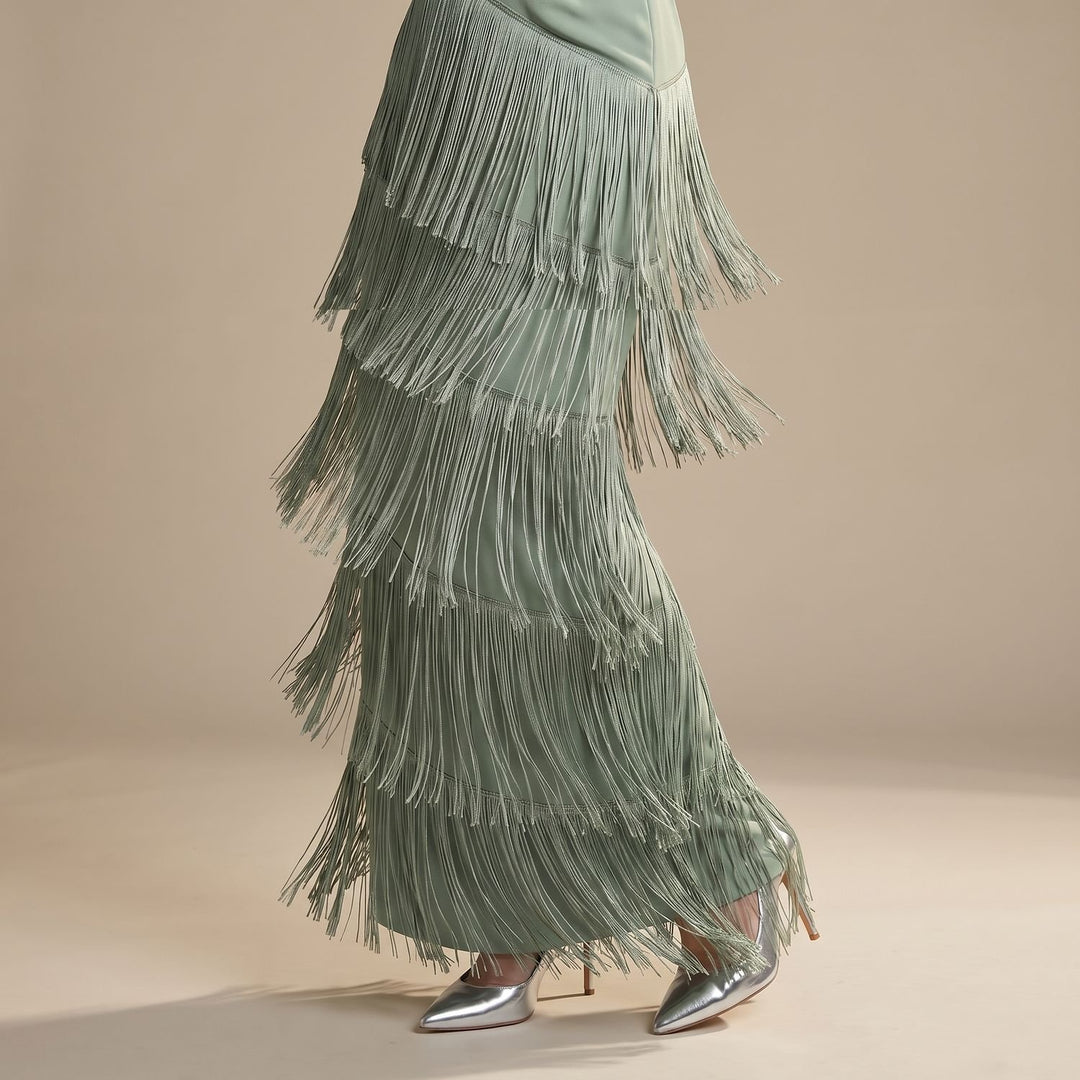 Women's Deep V-Neck Long Sleeve Tiered Fringe Midi Dress