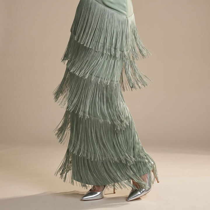Women's Deep V-Neck Long Sleeve Tiered Fringe Midi Dress