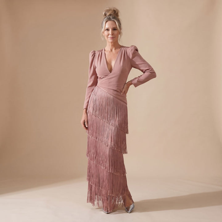 Women's Deep V-Neck Long Sleeve Tiered Fringe Midi Dress - Pink
