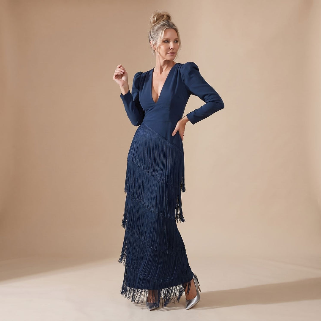 Women's Deep V-Neck Long Sleeve Tiered Fringe Midi Dress - Navy