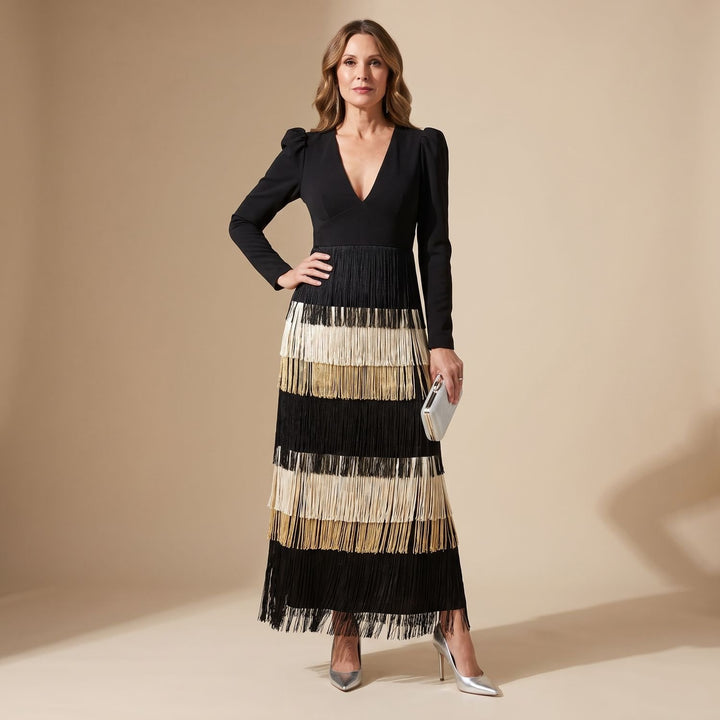 Women's Deep V-Neck Long Sleeve Tiered Fringe Midi Dress - Multicolor