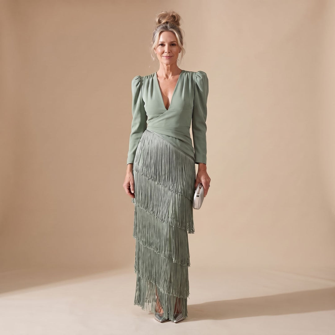 Women's Deep V-Neck Long Sleeve Tiered Fringe Midi Dress