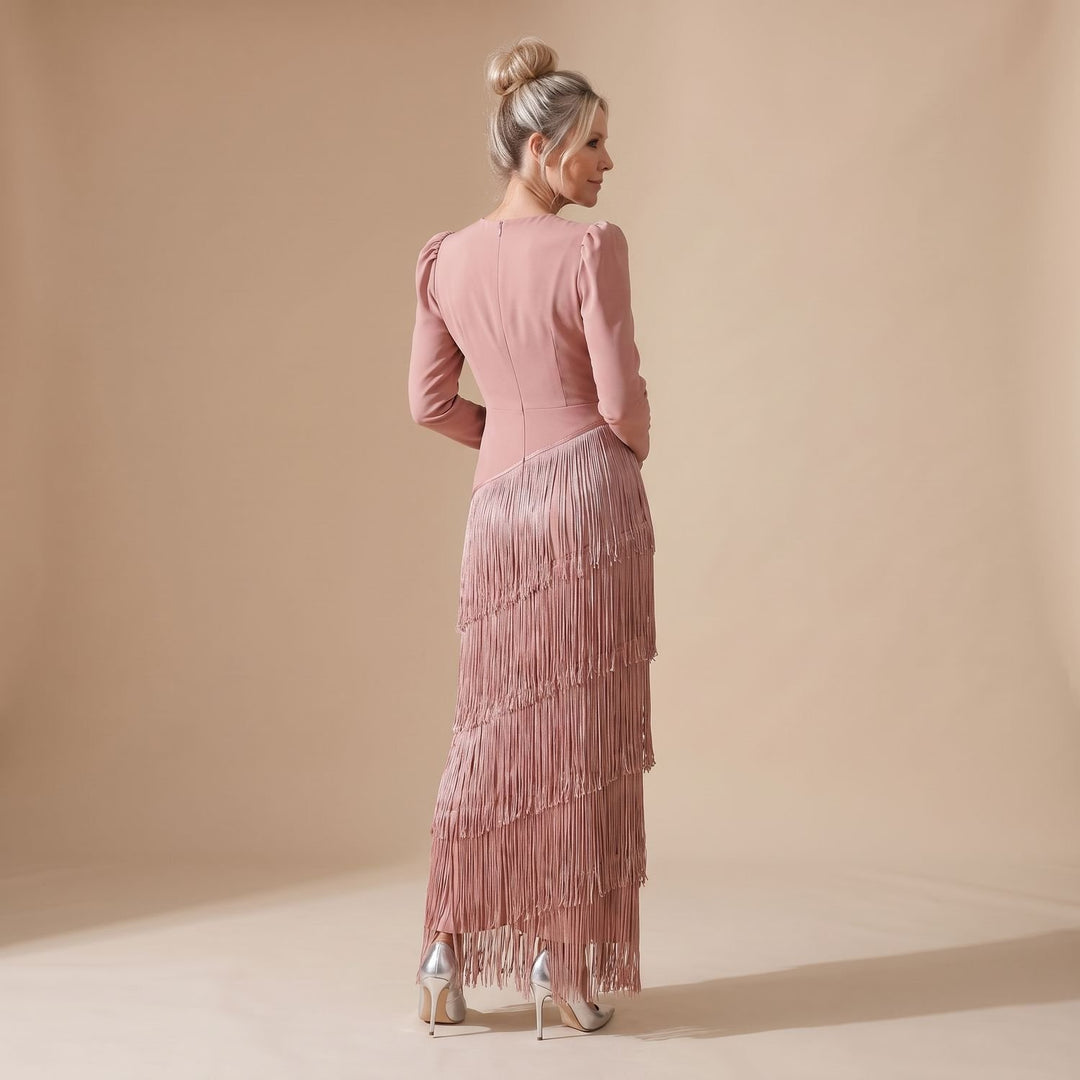 Women's Deep V-Neck Long Sleeve Tiered Fringe Midi Dress