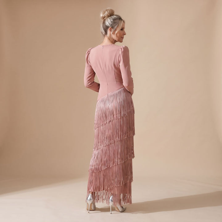 Women's Deep V-Neck Long Sleeve Tiered Fringe Midi Dress