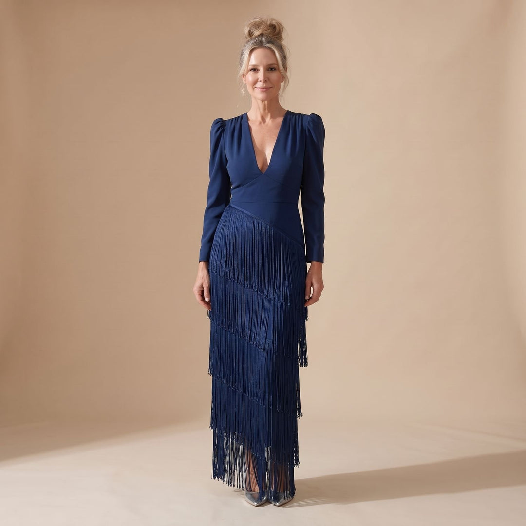 Women's Deep V-Neck Long Sleeve Tiered Fringe Midi Dress