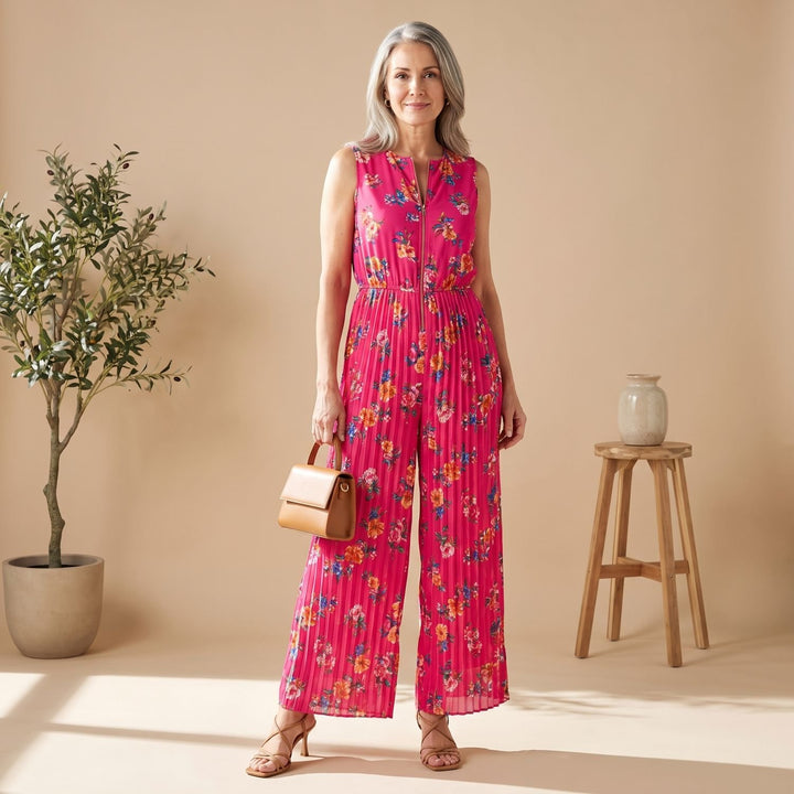 Women's Deep V-Neck Pleated Wide-Leg Sleeveless Jumpsuit - Pink