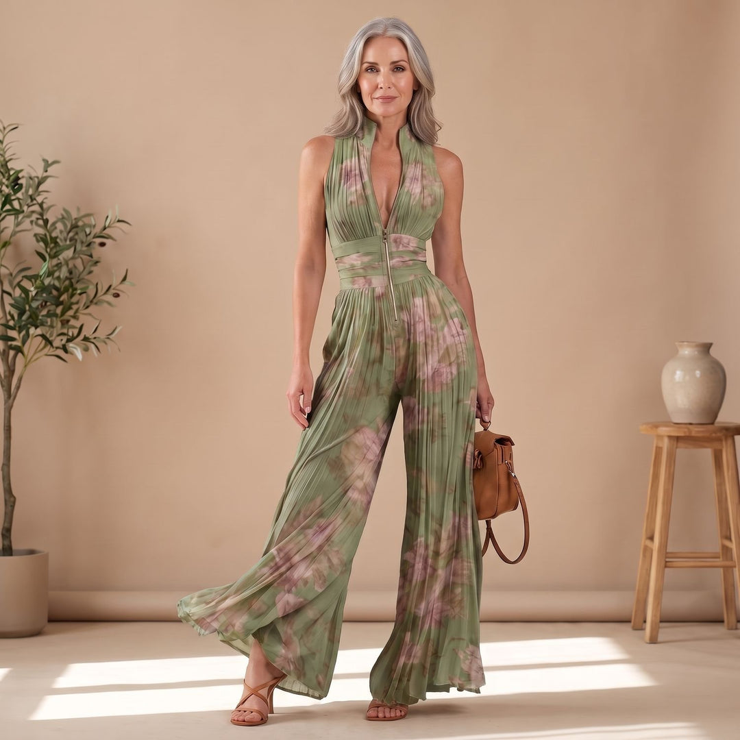 Women's Deep V-Neck Pleated Wide-Leg Sleeveless Jumpsuit - Green