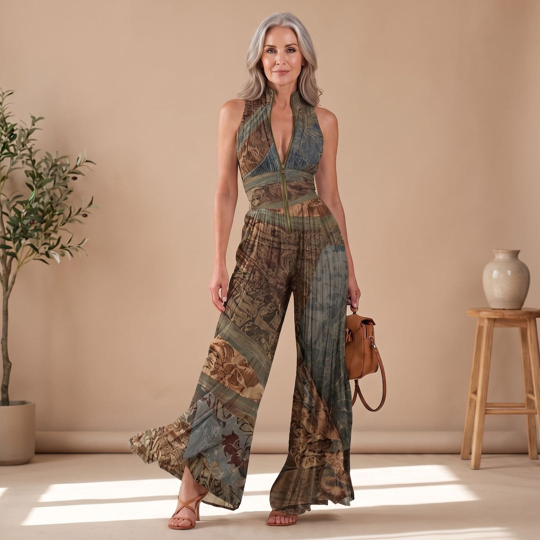 Women's Deep V-Neck Pleated Wide-Leg Sleeveless Jumpsuit - Gray