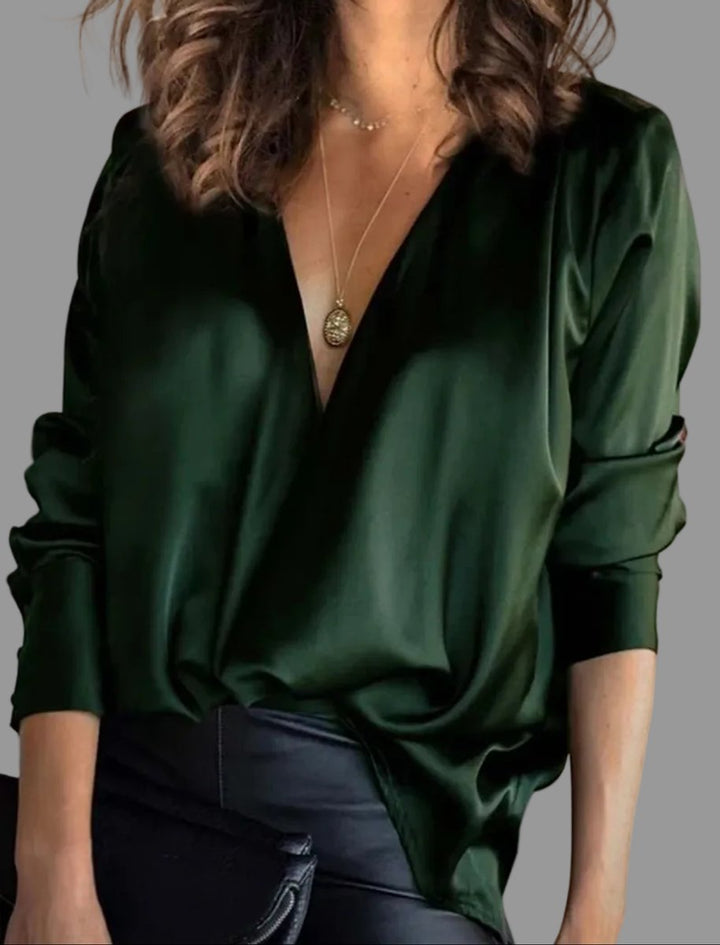 Women's Deep V-Neck Satin Draped Long-Sleeve Blouse - Green