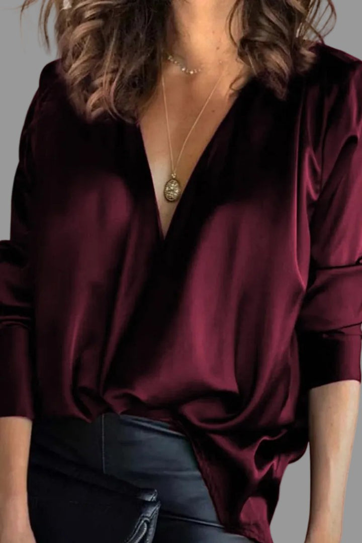 Women's Deep V-Neck Satin Draped Long-Sleeve Blouse - Burgundy