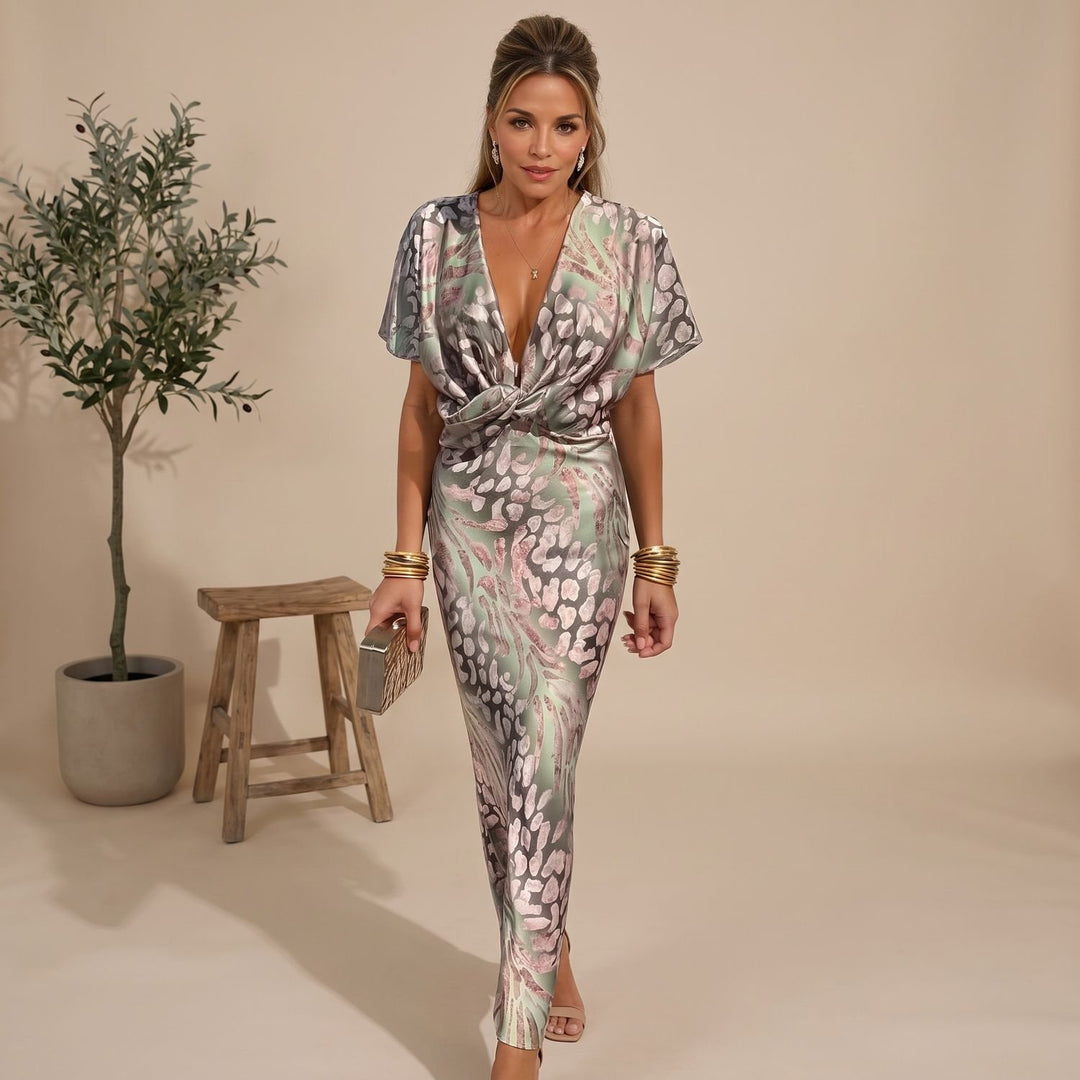 Women's Deep V-Neck Twisted-Front Animal Print Midi Dress