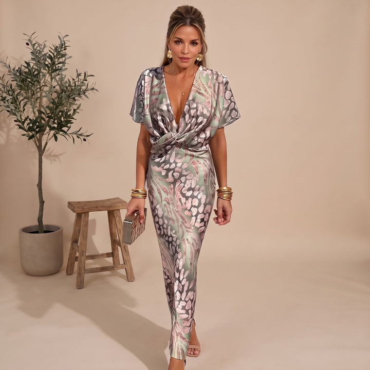 Women's Deep V-Neck Twisted-Front Animal Print Midi Dress