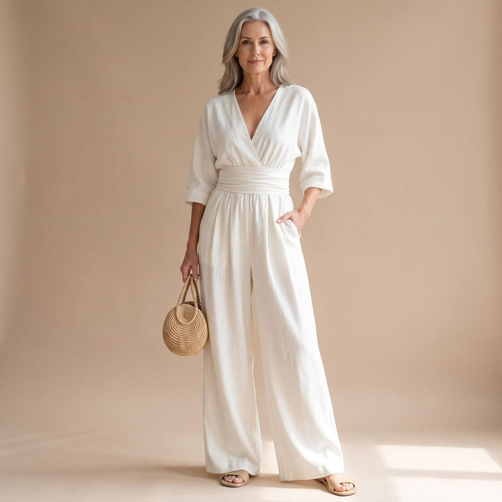 Women's Deep V-Neck Wide-Leg 3/4 Sleeve Jumpsuit - White