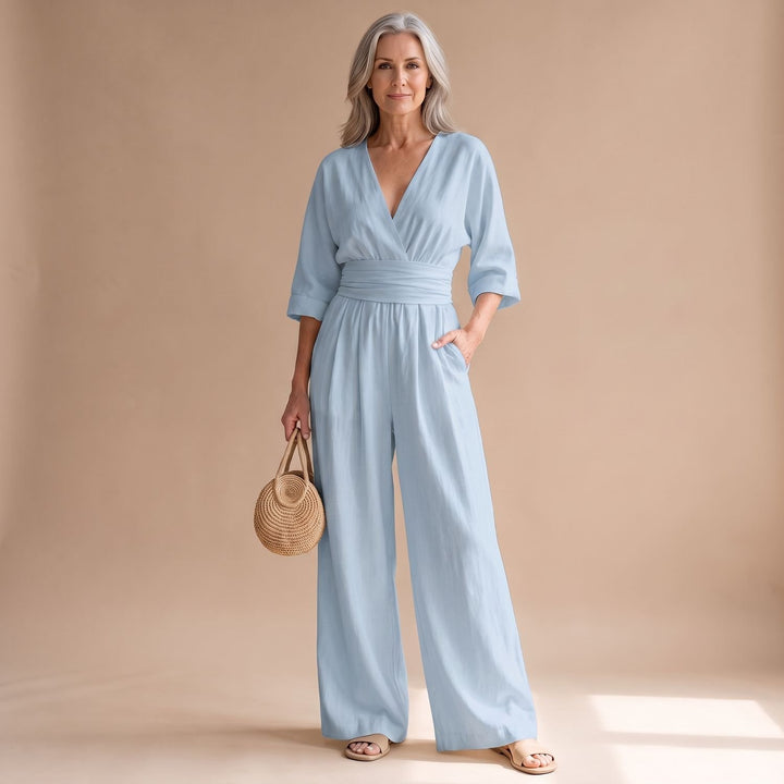 Women's Deep V-Neck Wide-Leg 3/4 Sleeve Jumpsuit - Light Blue