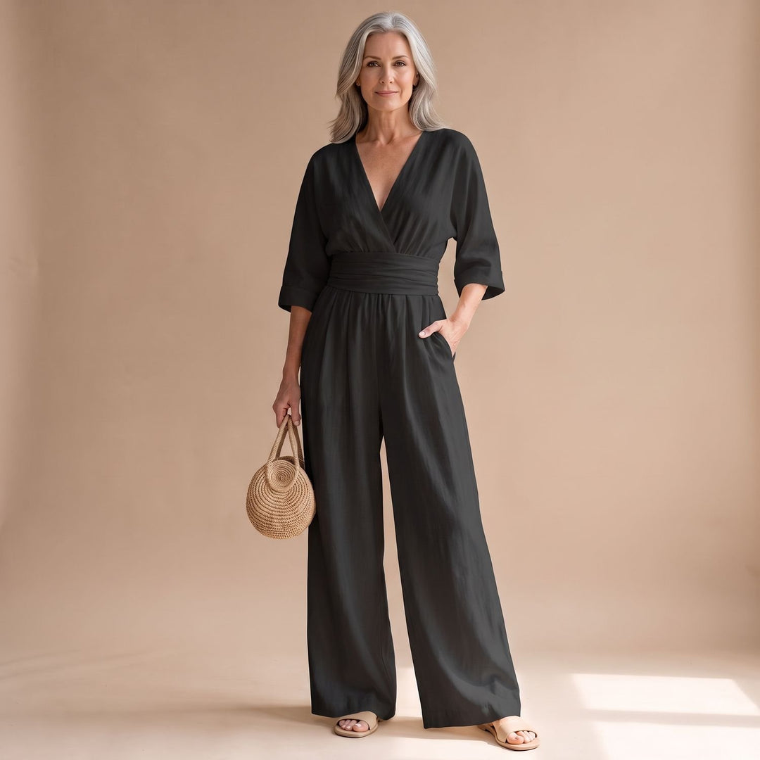 Women's Deep V-Neck Wide-Leg 3/4 Sleeve Jumpsuit - Black