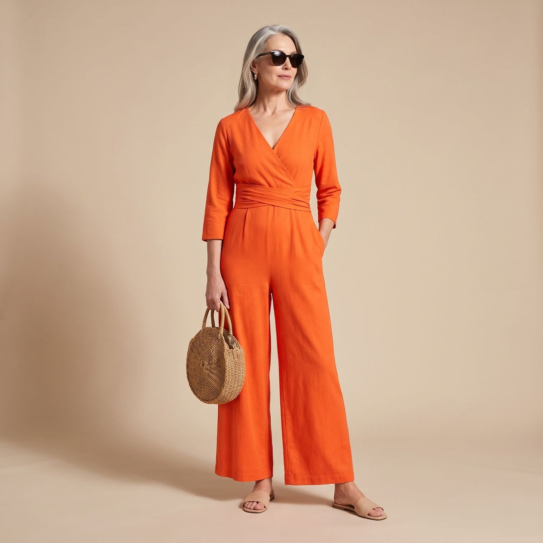 Women's Deep V-Neck Wide-Leg 3/4 Sleeve Jumpsuit - Orange