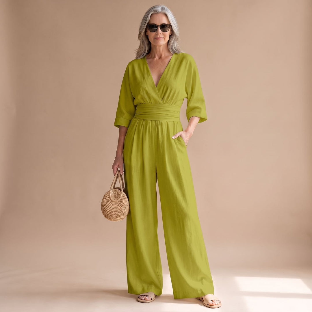 Women's Deep V-Neck Wide-Leg 3/4 Sleeve Jumpsuit - Light Green
