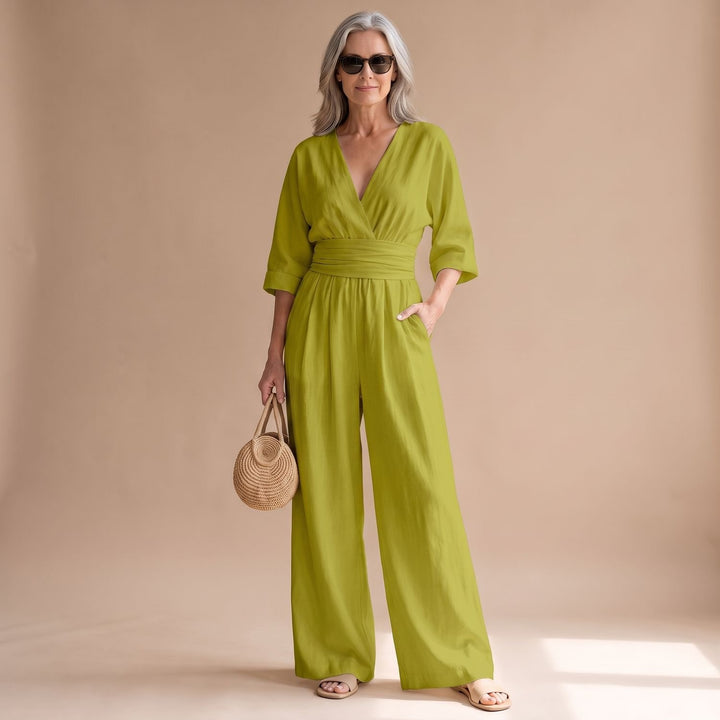 Women's Deep V-Neck Wide-Leg 3/4 Sleeve Jumpsuit - Light Green