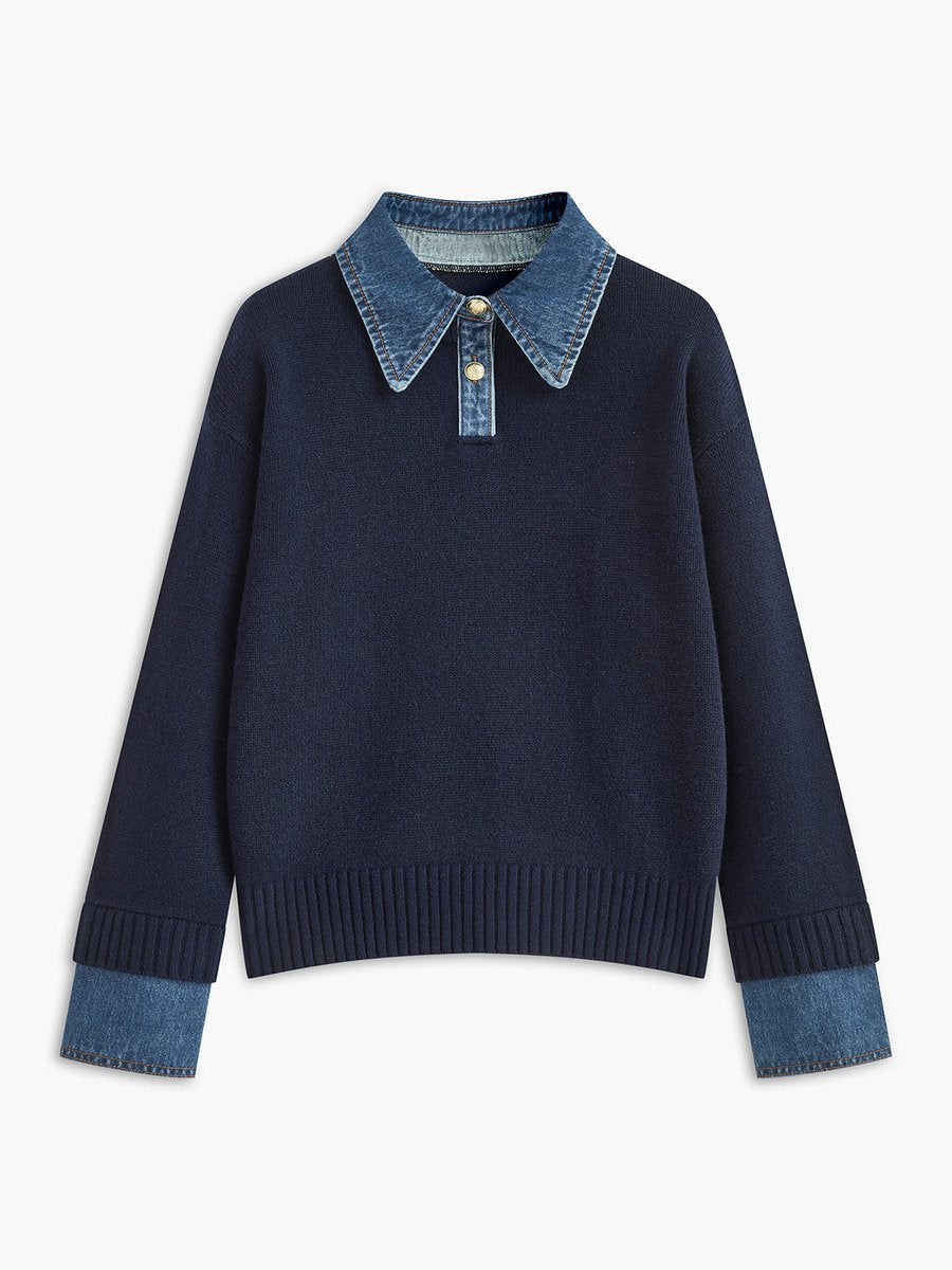 Women's Denim-Collar Knit Polo Sweater Patchwork Cuff - Navy