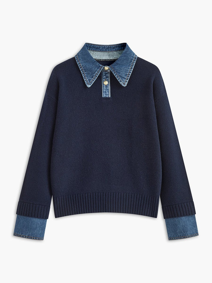 Women's Denim-Collar Knit Polo Sweater Patchwork Cuff - Navy