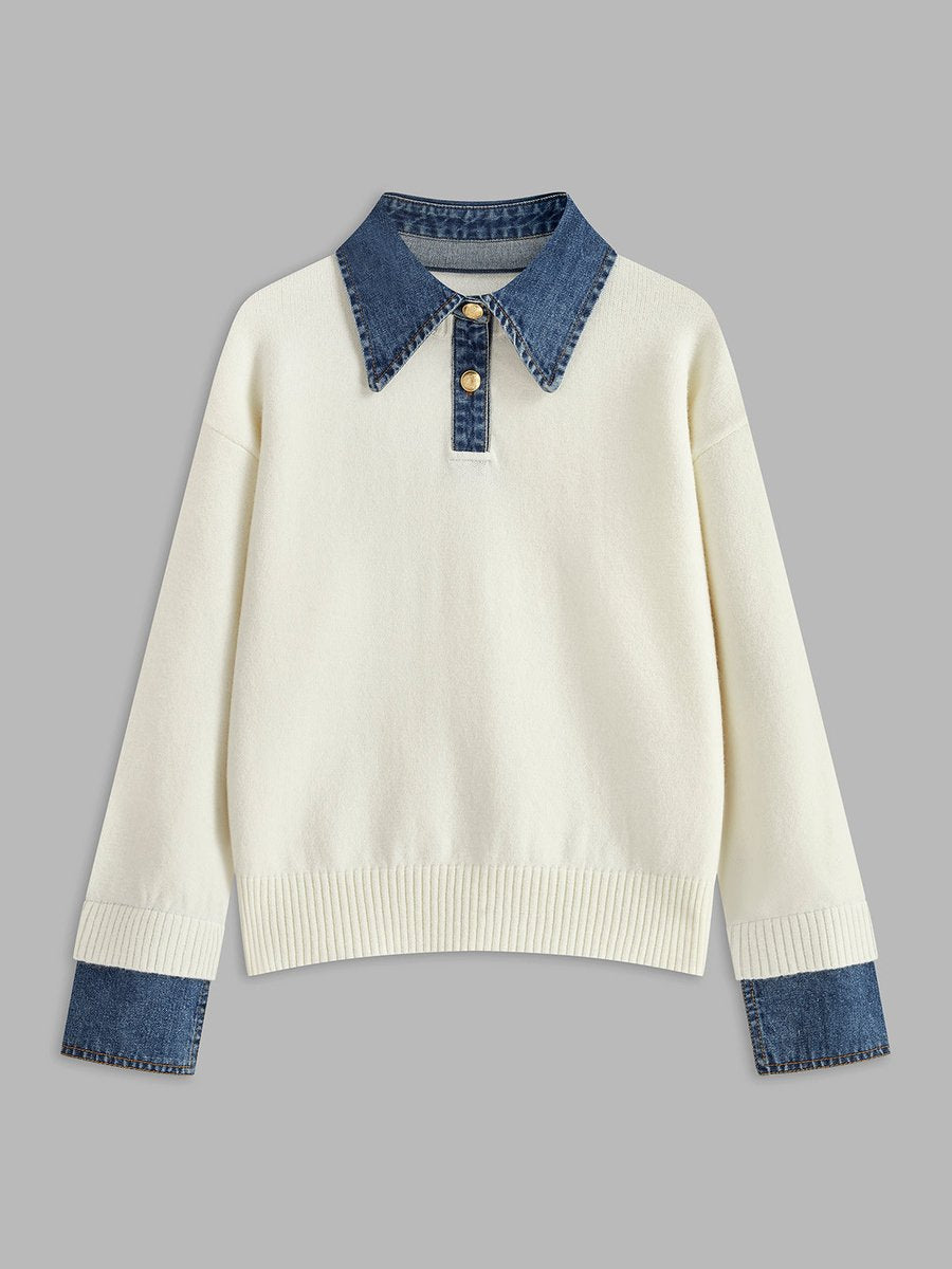 Women's Denim-Collar Knit Polo Sweater Patchwork Cuff - White