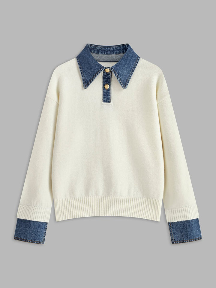 Women's Denim-Collar Knit Polo Sweater Patchwork Cuff - White