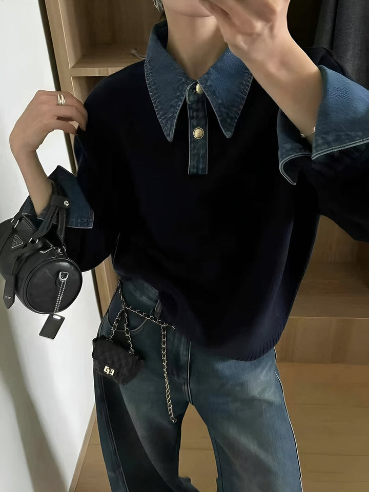 Women's Denim-Collar Knit Polo Sweater Patchwork Cuff
