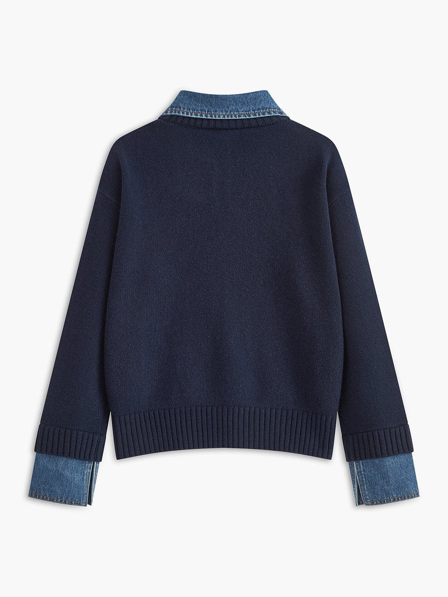 Women's Denim-Collar Knit Polo Sweater Patchwork Cuff