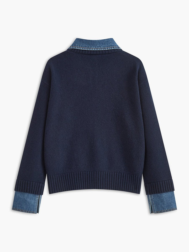 Women's Denim-Collar Knit Polo Sweater Patchwork Cuff