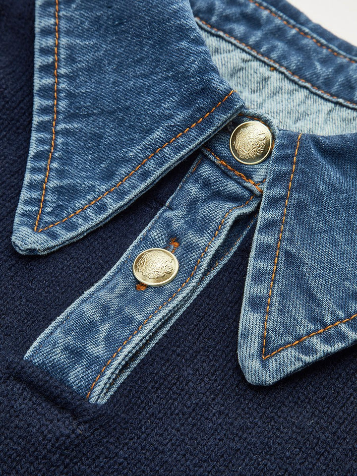 Women's Denim-Collar Knit Polo Sweater Patchwork Cuff