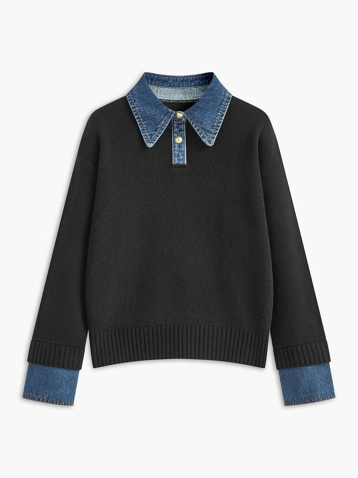 Women's Denim-Collar Knit Polo Sweater Patchwork Cuff - Black