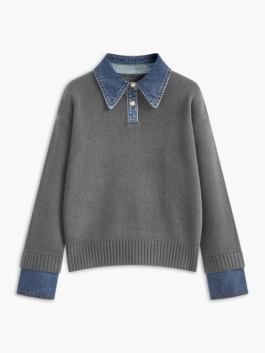 Women's Denim-Collar Knit Polo Sweater Patchwork Cuff - Light Grey