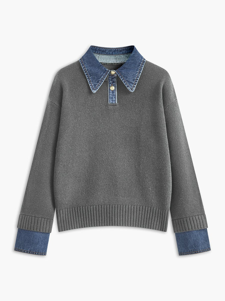 Women's Denim-Collar Knit Polo Sweater Patchwork Cuff - Light Grey