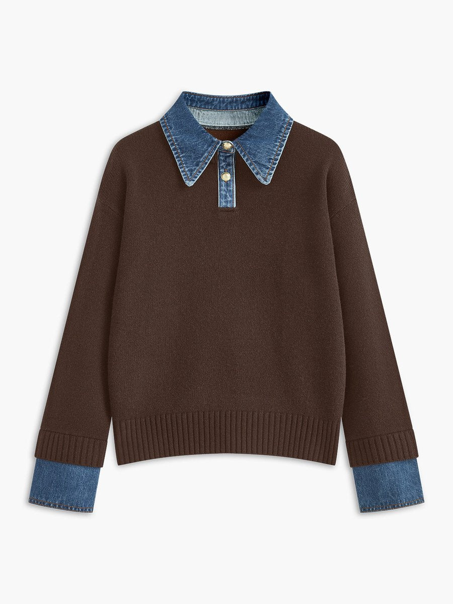 Women's Denim-Collar Knit Polo Sweater Patchwork Cuff - Brown