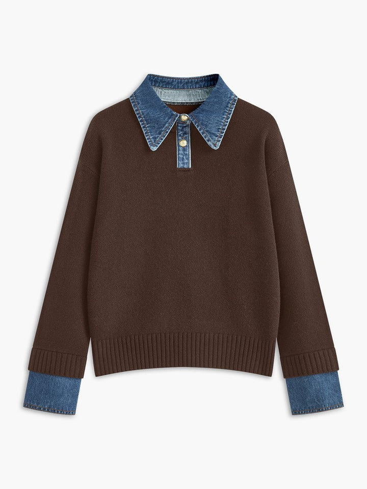Women's Denim-Collar Knit Polo Sweater Patchwork Cuff - Brown