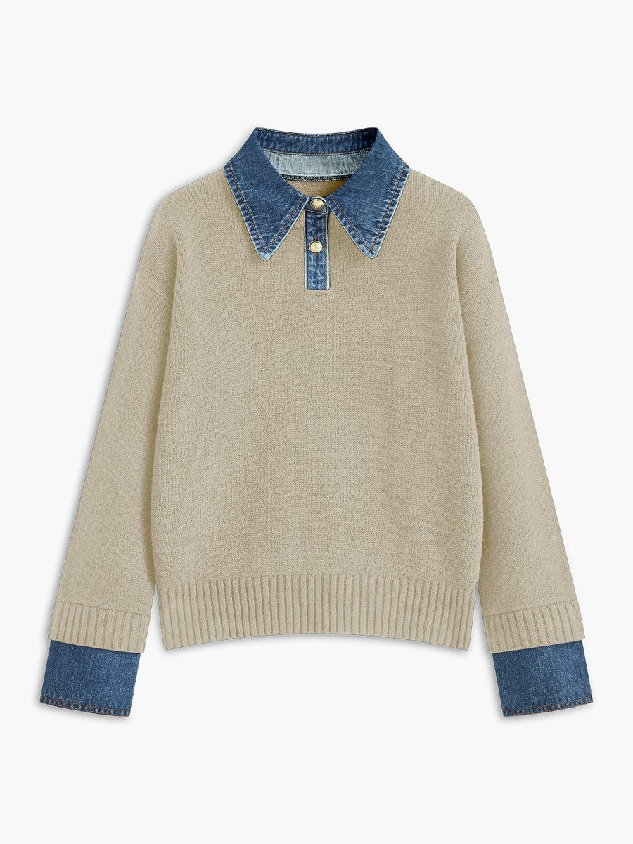 Women's Denim-Collar Knit Polo Sweater Patchwork Cuff - Apricot