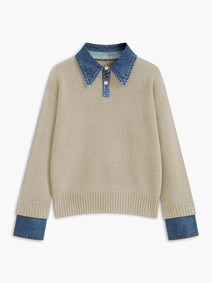 Women's Denim-Collar Knit Polo Sweater Patchwork Cuff - Apricot