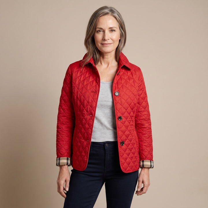 Women's Diamond Quilted Button-Front Jacket Checked Cuff - Red