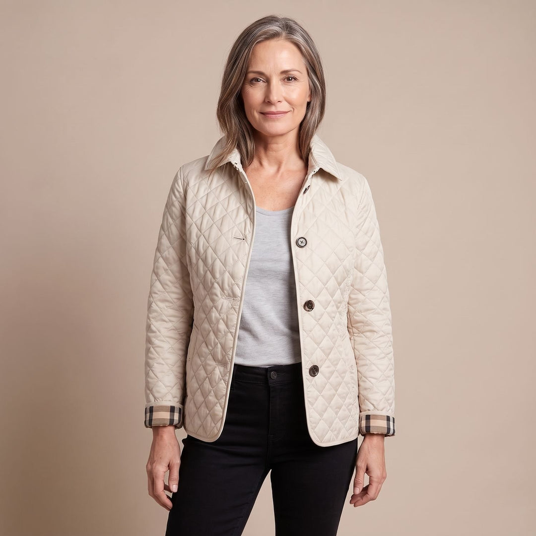 Women's Diamond Quilted Button-Front Jacket Checked Cuff - Beige