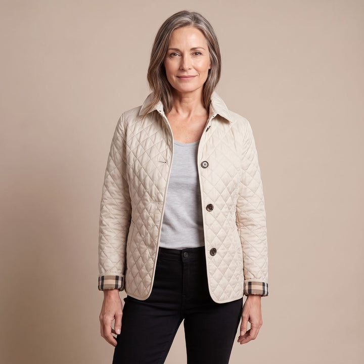 Women's Diamond Quilted Button-Front Jacket Checked Cuff - Beige