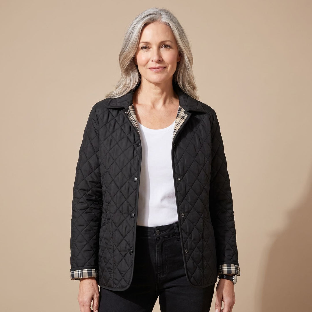 Women's Diamond Quilted Button-Front Jacket Checked Cuff - Black