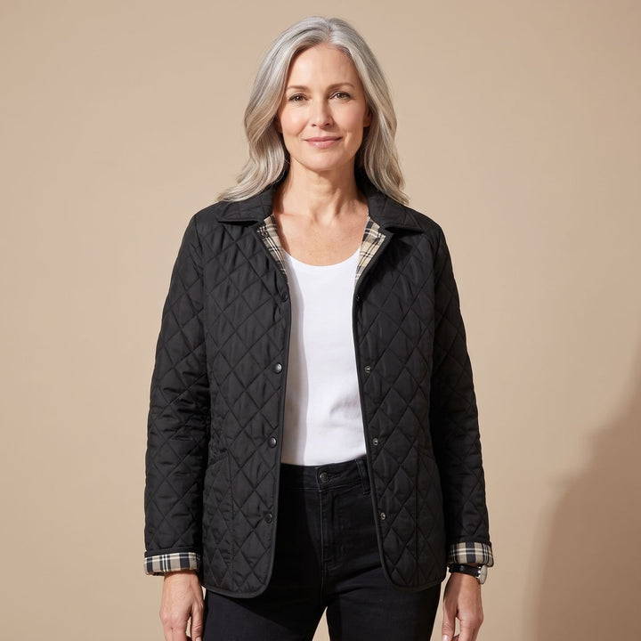 Women's Diamond Quilted Button-Front Jacket Checked Cuff - Black