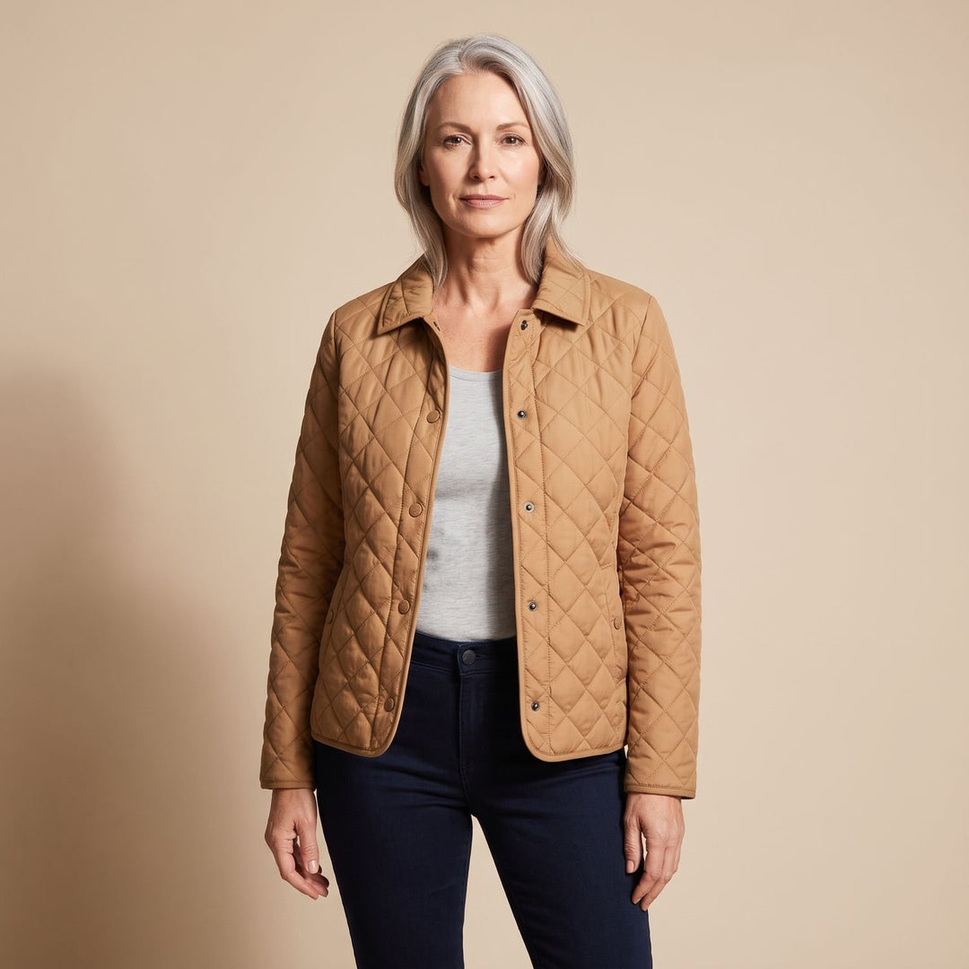 Women's Diamond Quilted Button-Front Jacket Checked Cuff - Brown