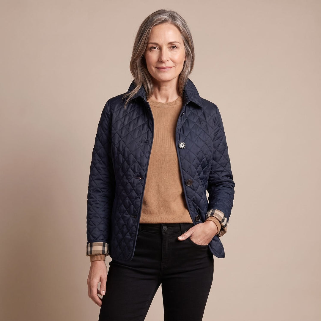 Women's Diamond Quilted Button-Front Jacket Checked Cuff - Navy Blue