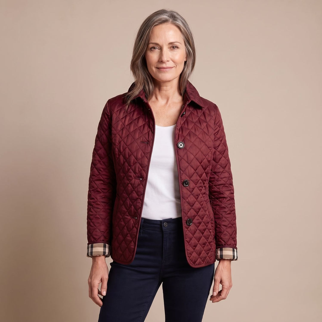 Women's Diamond Quilted Button-Front Jacket Checked Cuff - Burgundy