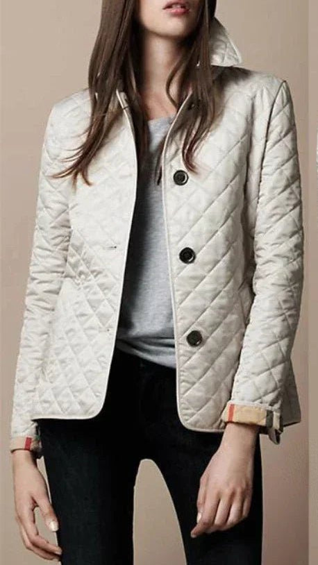 Women's Diamond-Quilted Button-Through Tailored Outerwear Jacket - White