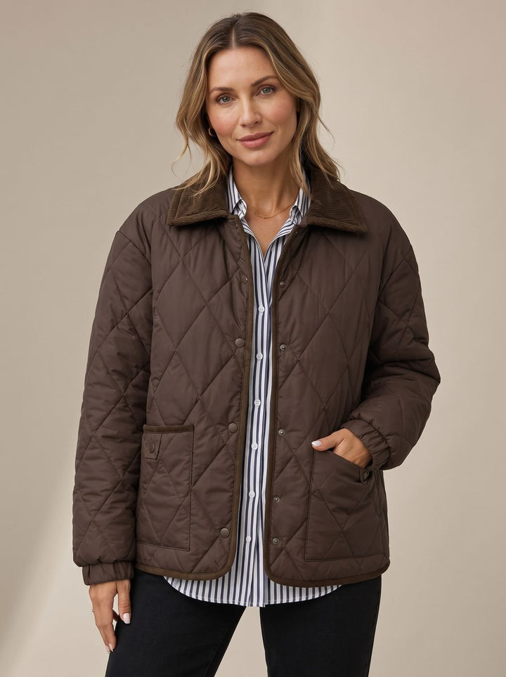 Women's Diamond Quilted Corduroy Collar Snap-Front Jacket - Brown