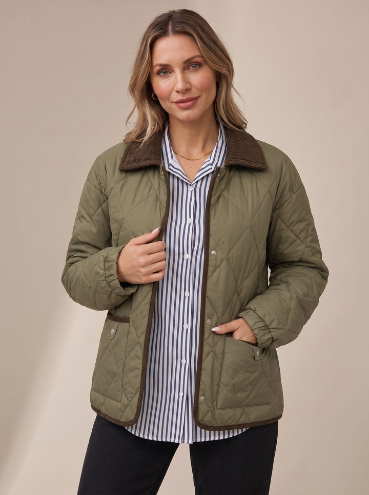 Women's Diamond Quilted Corduroy Collar Snap-Front Jacket - Green