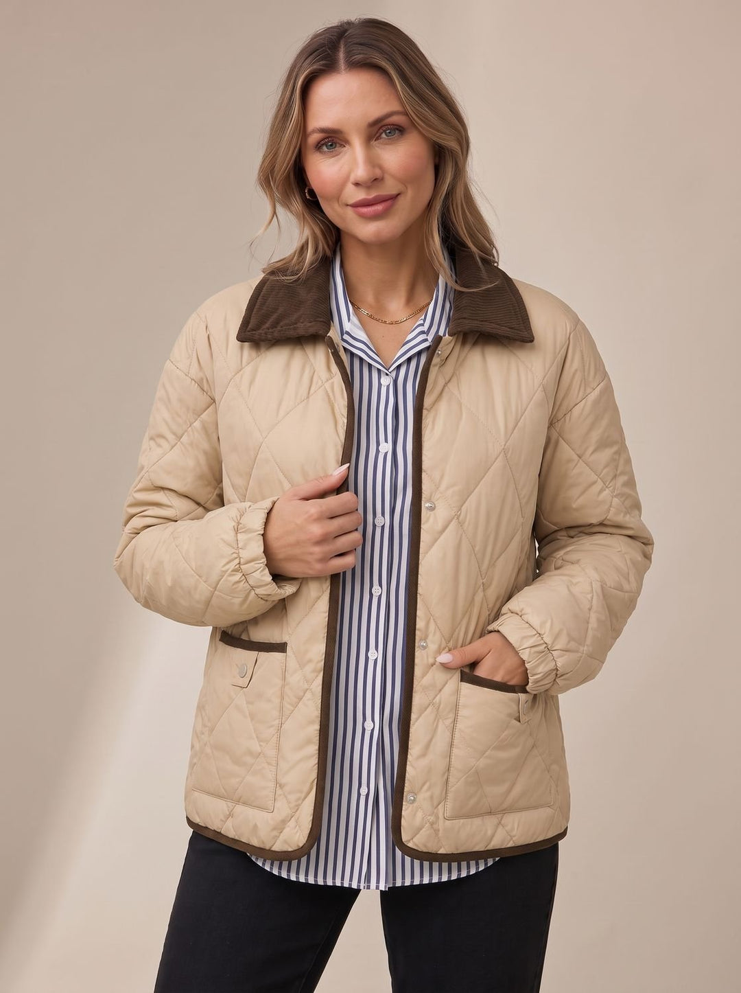 Women's Diamond Quilted Corduroy Collar Snap-Front Jacket - Beige